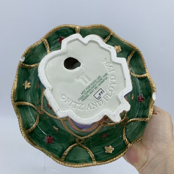 Vtg 1994 Fitz And Floyd Santa’s List Footed Hand Painted Bowl Christmas Gifts - Picture 9 of 11